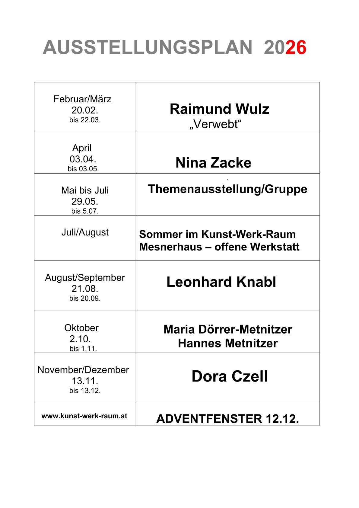 Ausstellungsplan 2026